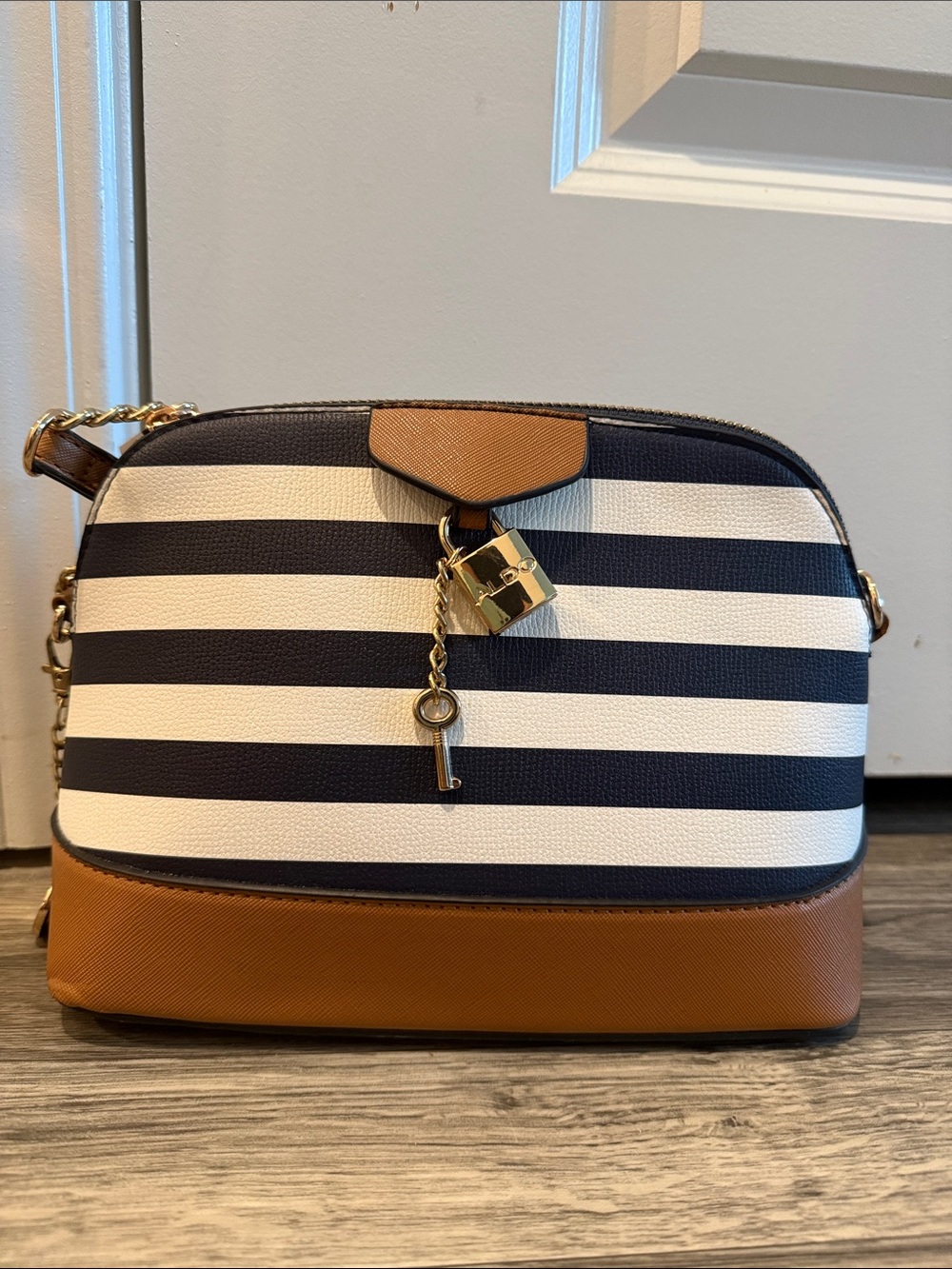 Aldo Navy and White Striped Crossbody with Tan Trim